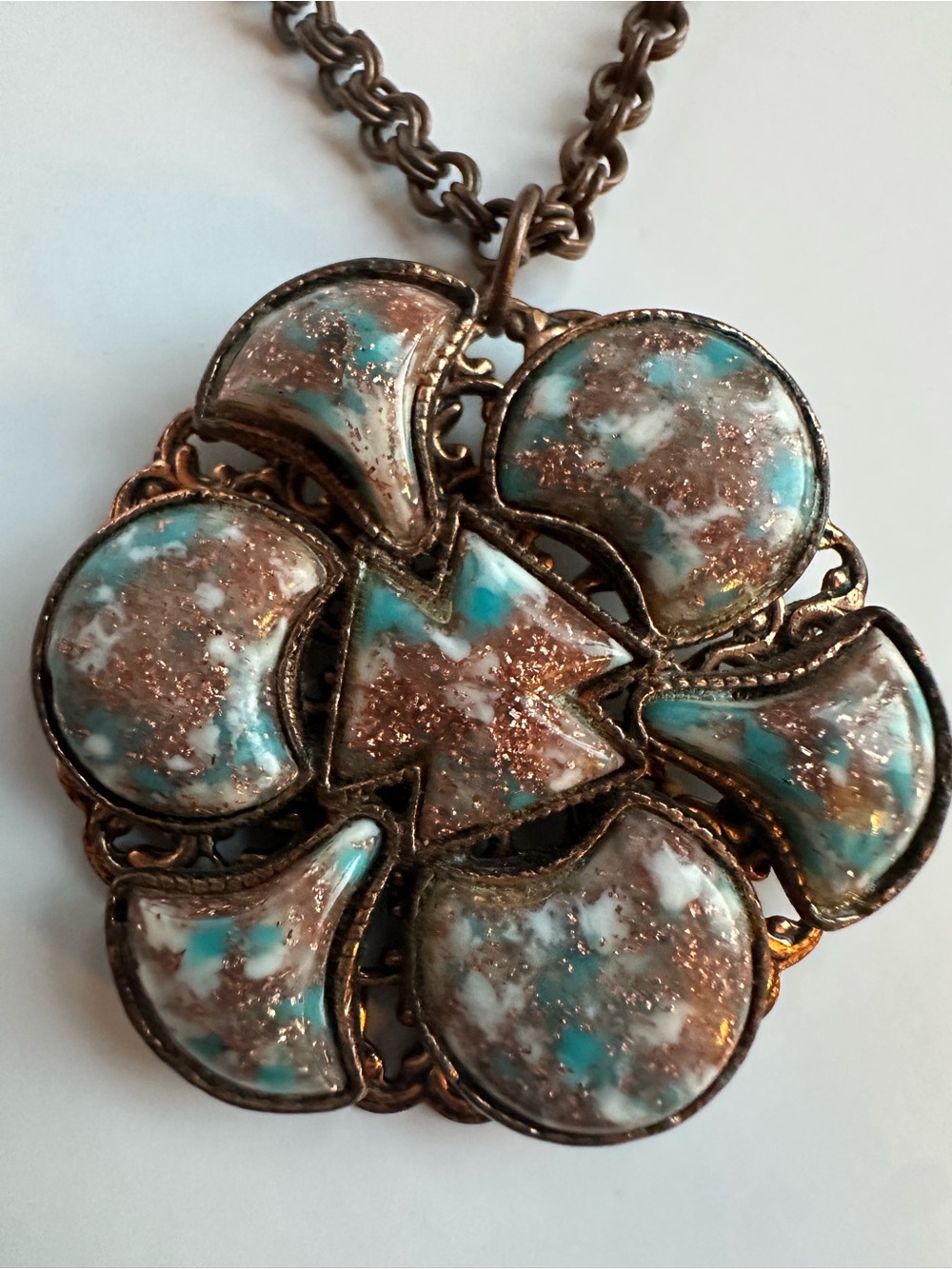 Vintage Copper Lucite Glitter Filigree Pendant and Chain